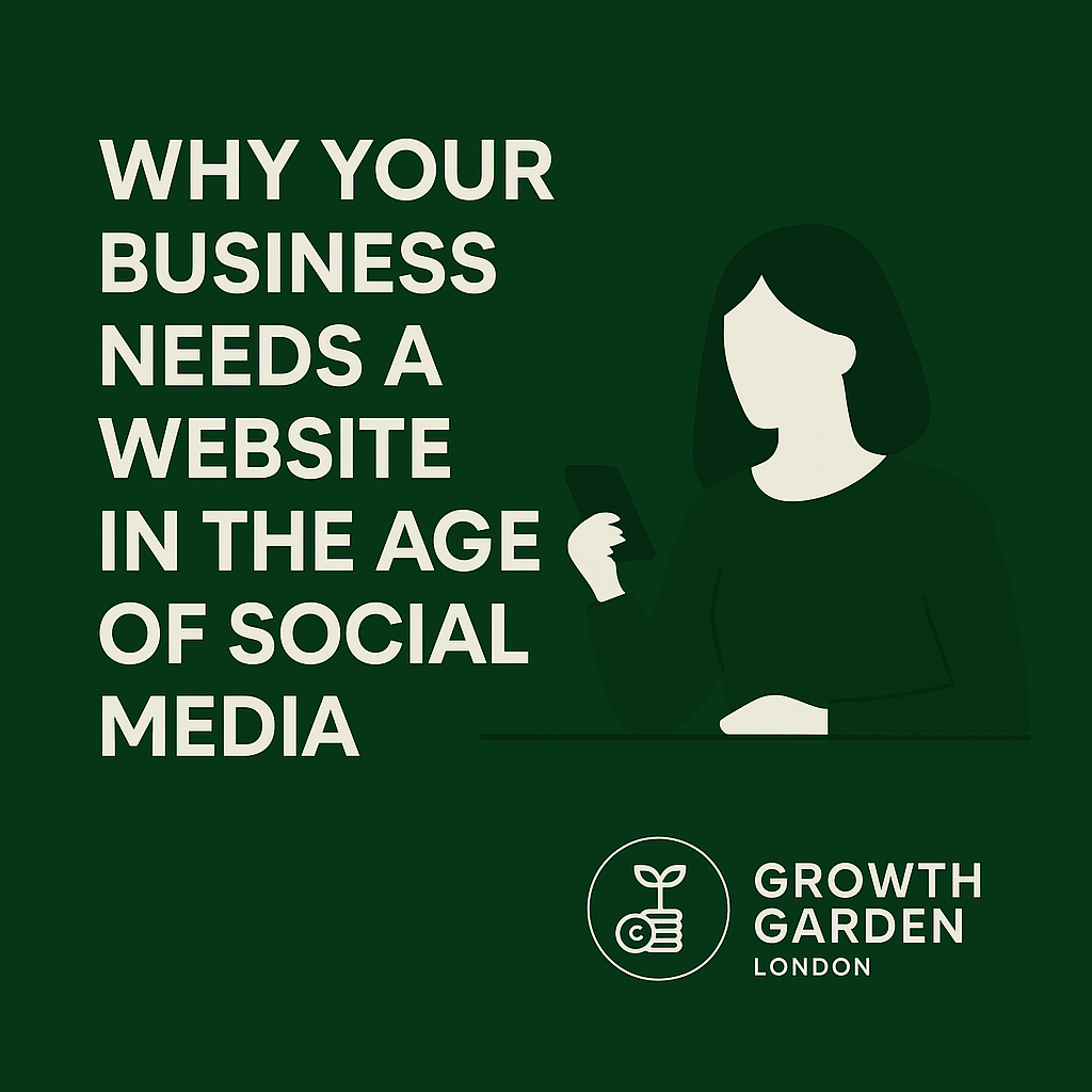 Woman holding phone – website vs. social media