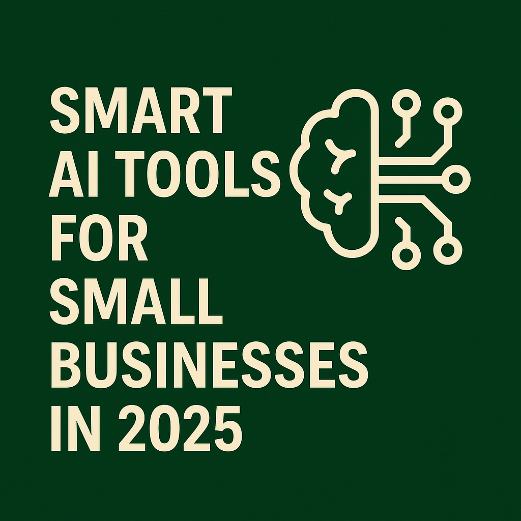 Illustration of small business owners using AI tools for productivity, marketing, and automation in 2025 – part of a guide by Growth Garden London